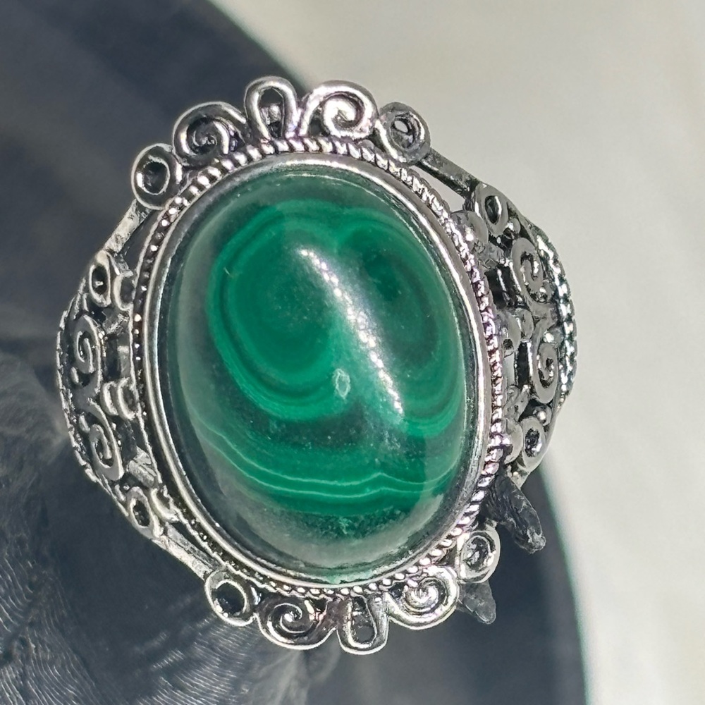 Green Malachite Vintage Style Ring set in Stainless Steel Adjustable Band